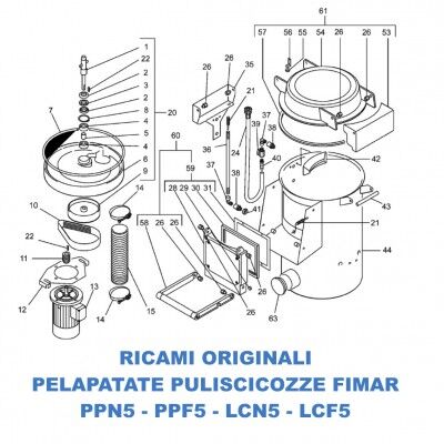 Esploso ricambi per pelapatate puliscicozze Fimar modelli PPN5 PPF5 LCN5 LCF5