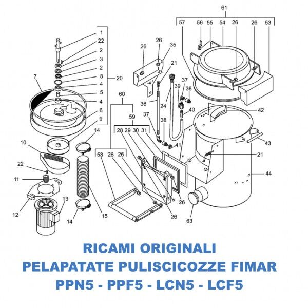 Exploded view spare parts for potato peeler cleaner Fimar models PPN5 PPF5 LCN5 LCF5 - Fimar