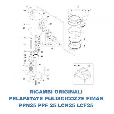 Esploso ricambi per pelapatate puliscicozze Fimar modelli PPN25 PPF25 LCN25 LCF25