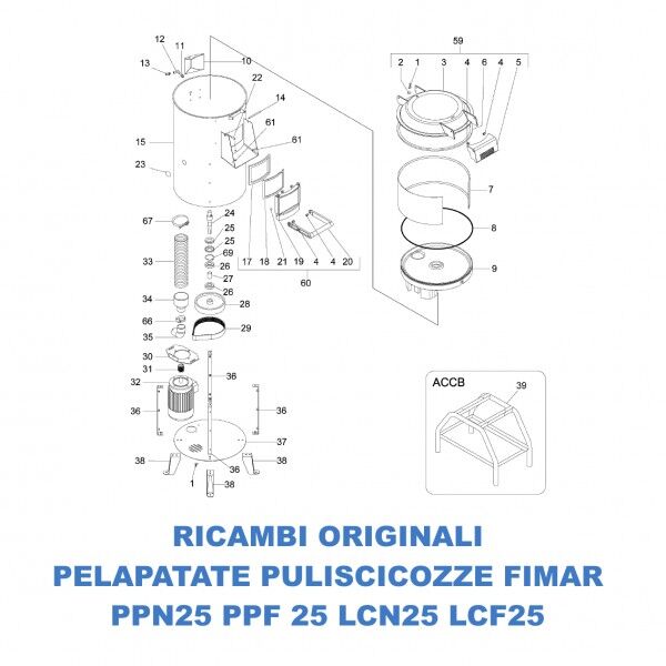 Exploded view spare parts for peeler cleaner Fimar models PPN25 PPF25 LCN25 LCF25 - Fimar