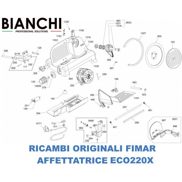 Exploded view of spare parts for Fimar ECO220X slicers - Fimar