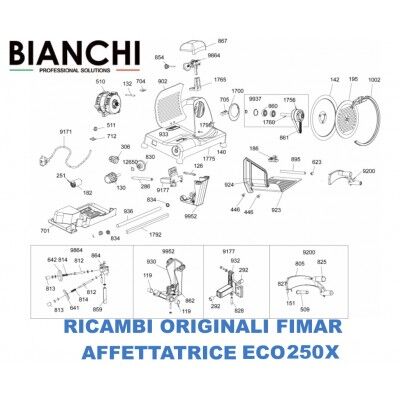 Exploded view of spare parts for Fimar ECO250X slicers - Fimar
