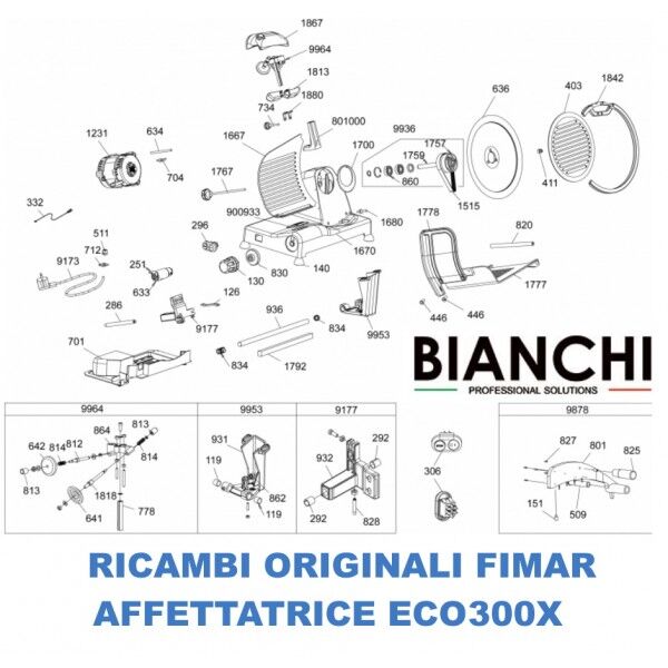 Exploded view of spare parts for Fimar ECO300X slicers - Fimar