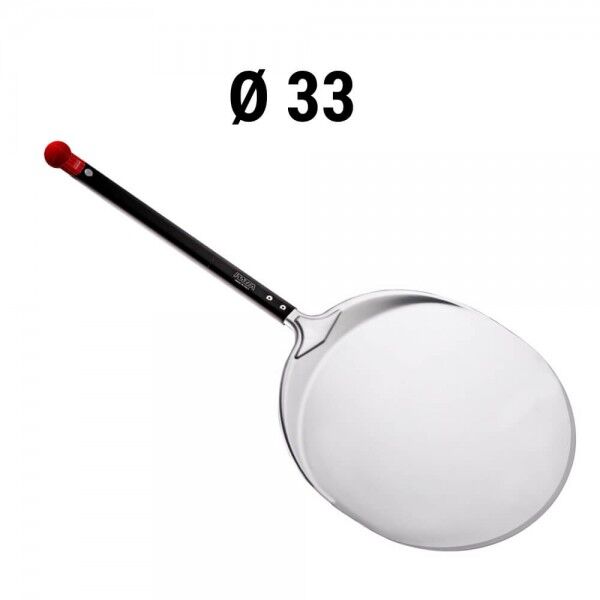 Round aluminum pizza shovel with short handle 30 cm. 33 cm shovel width. - Square
