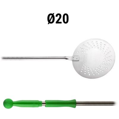 Stainless steel perforated pizza peel. green handle for Gluten free line. 150 cm handle. Blade width 20 cm. 236...