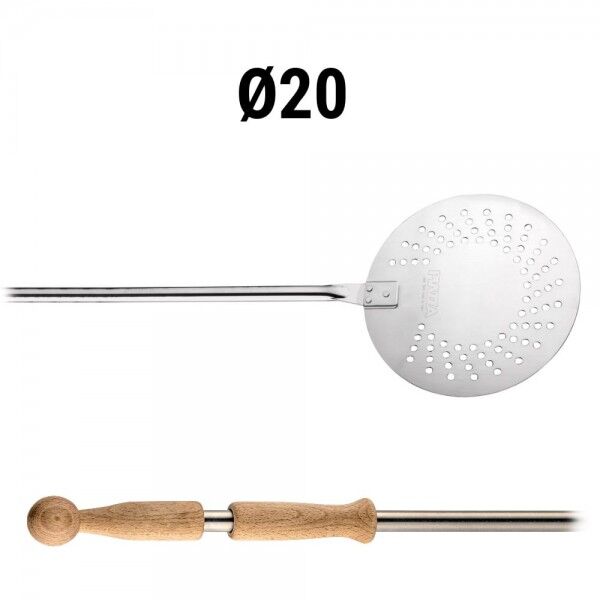 Perforated stainless steel pizza scoop with wooden handle. traditional line. 150 cm handle. 20 cm shovel width. 2320...