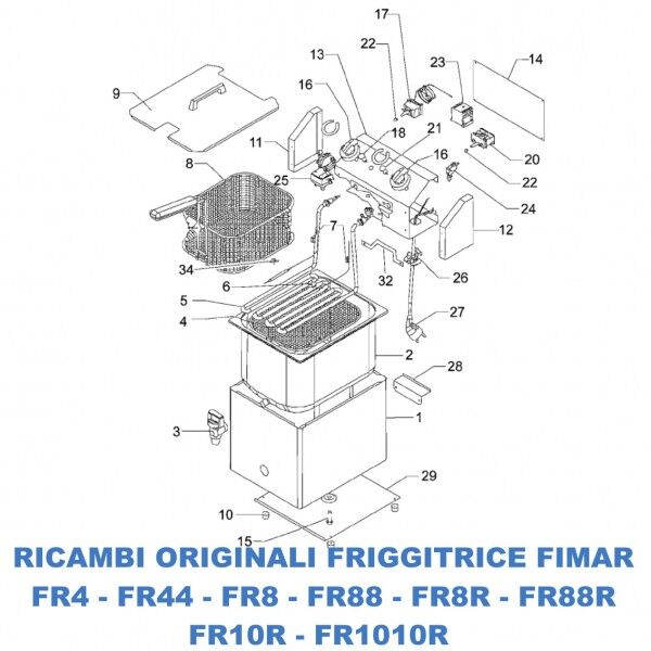 Exploded view for spare parts fryers Fimar FR4 - FR44 - FR8- FR8R- FR88R- FR10R- FR1010R - Fimar