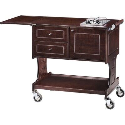 Wooden flambé trolley with 2 drawers, tank compartment and folding top. number of burners at choice - Forcar