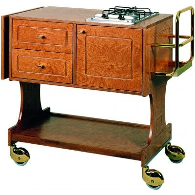 Wooden flambé trolley with 2 drawers, tank compartment and folding top. number of burners at choice - Forcar