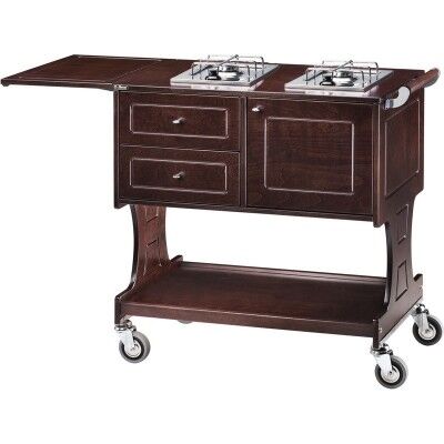 Wooden flambé trolley with 2 drawers, tank compartment and folding top. number of burners at choice - Forcar