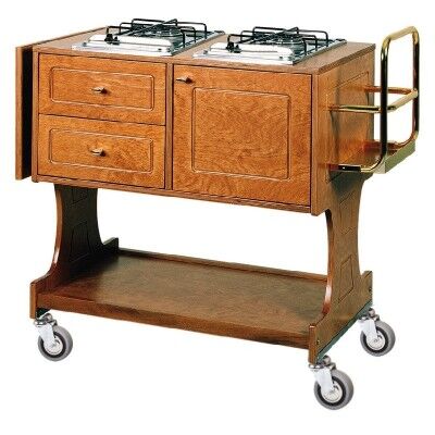 Wooden flambé trolley with 2 drawers, tank compartment and folding top. number of burners at choice - Forcar