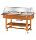 Bain-marie display cart with plexiglass dome and wooden frame.