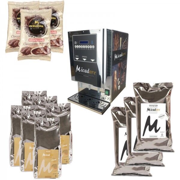 Kit macchina triplo erogatore + prodotti solubili: 3 kg di Ginseng Light + 3 kg di Orzo + 3 kg di cioccolata - Micadore