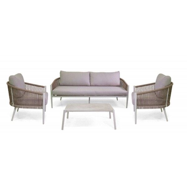 Set Lounge ANNISTON Bianco/Vimini: Divano 3 Posti, Poltrone Alluminio e Wicker, Tavolo Vetro Ceramica - Stark s.r.l.