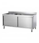 Stainless steel cabinet sink with two bowls and sliding doors