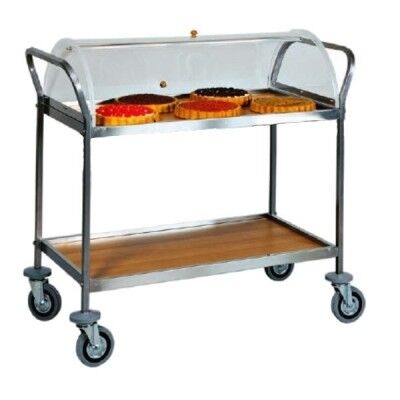 Trolley for desserts, cheese and appetizers Width 90cm. Stainless steel and wooden top. Plexiglas dome. - Forcar