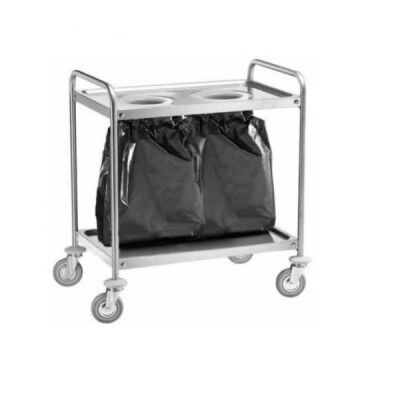 Stainless steel service trolley with holes for waste bags. Width 110 cm. - Forcar