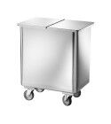 Hopper with wheels, made of stainless steel with removable lid