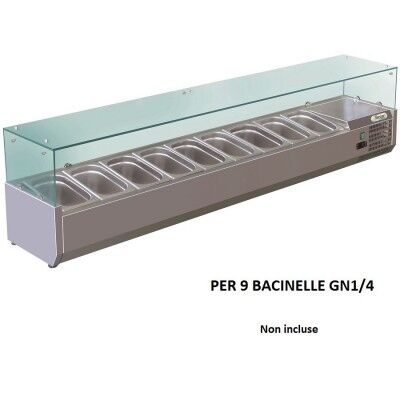 Forcar RI18033V 180x33 cm refrigerated ingredient display case for 9 GN 1/4 bowls.