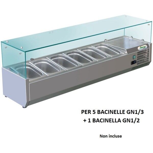 Vetrina refrigerata porta ingredienti Forcar RI15038V 150x38 cm per 5 bacinelle GN 1/3 + 1 bacinella 1/2. - Forcar Refrigerati