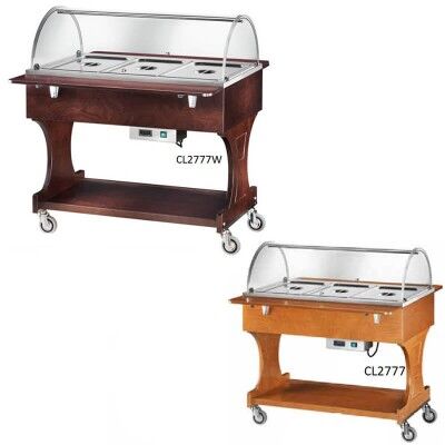 Bain-marie display trolley with plexiglass dome, wooden structure and floor above the dome. - Forcar