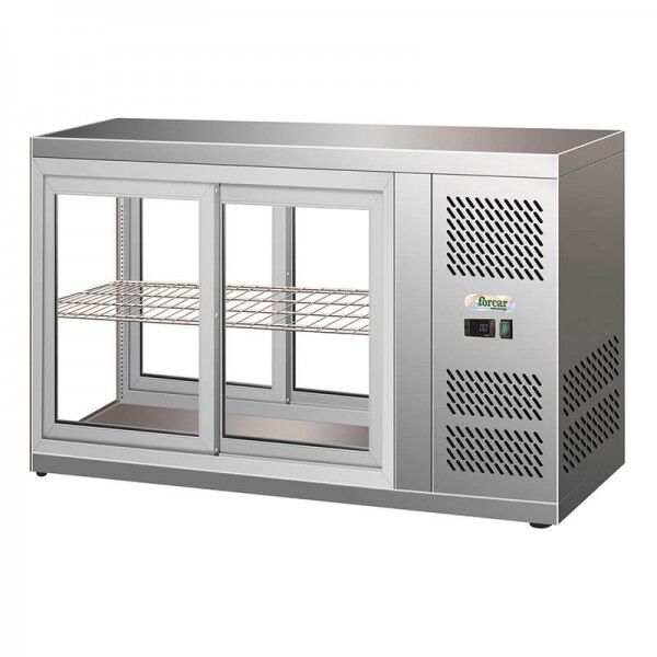 Stainless ventilated refrigerated display case, sliding doors and interior light. Model: HAV91 - Forcar Refrigerated