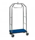 Luggage cart with carpeted top and coat rack.