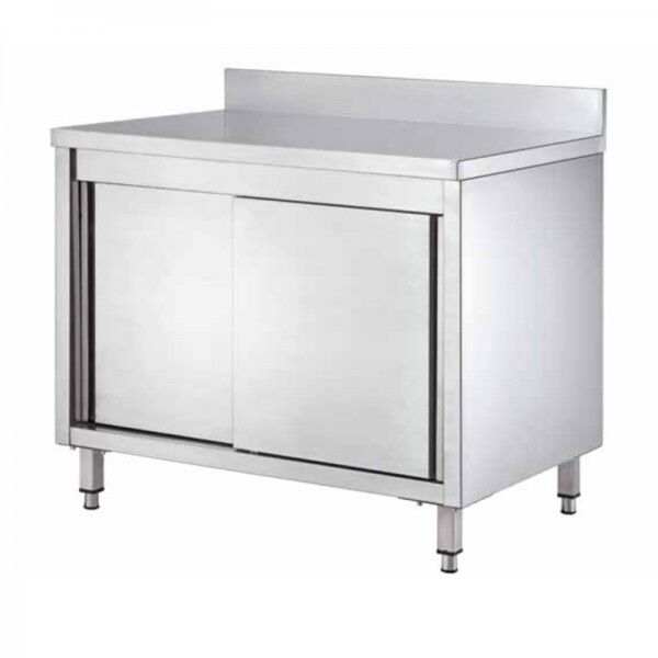 Inox cabinet table, with sliding doors and splashback, depth 60 cm - Forcar Inox