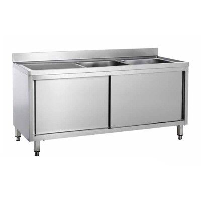 Stainless steel cupboard sink with two basins and sliding doors - Forcar