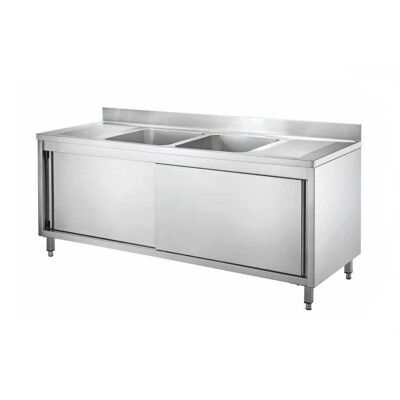 Stainless steel cupboard sink with two central tanks and sliding doors, length 200 cm - Forcar