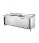 Stainless steel cabinet sink with two central bowls and sliding doors, length 200 cm