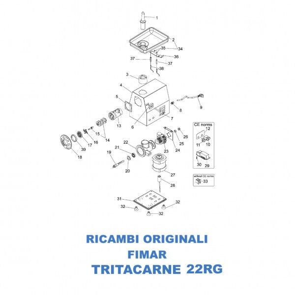 Exploded view for spare parts for meat grinder Fimar 22RG - Fimar