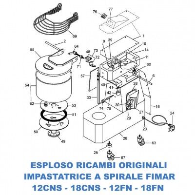 Exploded view spare parts for spiral mixers Fimar 12CNS - 18CNS - 12FN - 18FN - Fimar