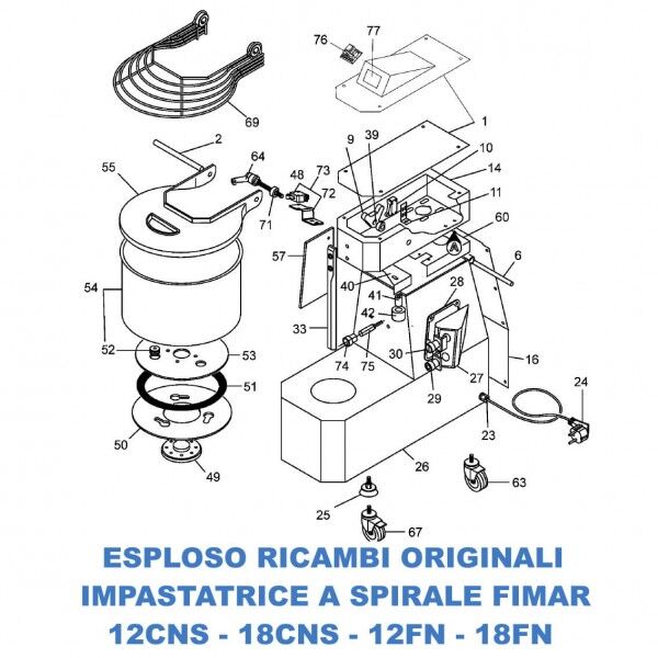 Exploded parts list for Fimar 12CNS - 18CNS - 12FN - 18FN spiral kneading machines - Fimar