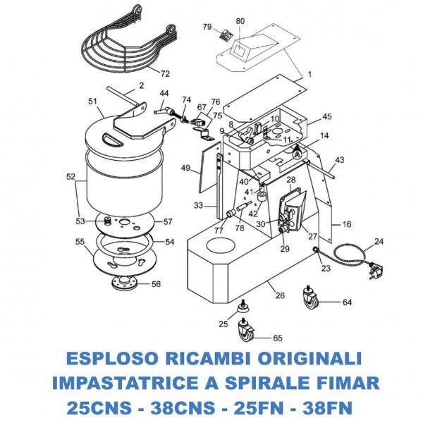 Exploded view of spare parts for Fimar 25CNS - 38CNS - 25FN - 38FN spiral mixers - Fimar