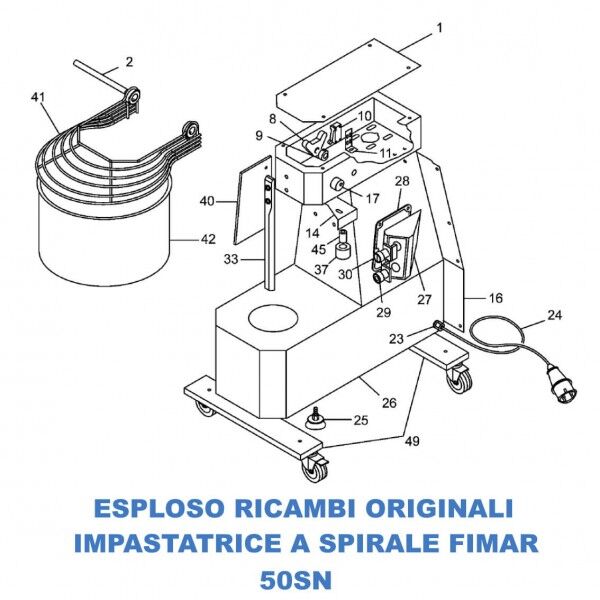 Exploded view of spare parts for Fimar 50SN spiral kneading machines - Fimar