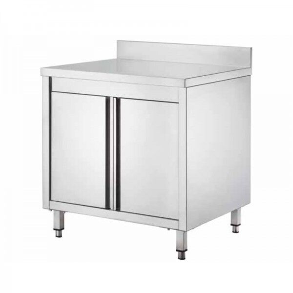 Inox cabinet table, with hinged doors and splashback, depth 70 cm - Forcar Inox