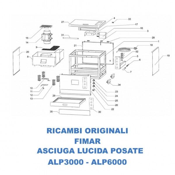 Exploded view spare parts for ALP3000 cutlery polish dryer machine - Fimar