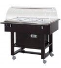 Bain-marie display cart with plexiglass dome, wooden frame and top above the dome.